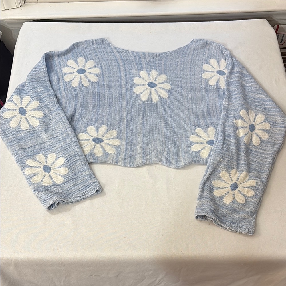 Altar'd State. Daisy Sweater Blue  and White Daisy Knit Sweater - small